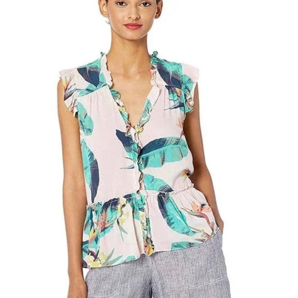 JESSICA SIMPSON • Light Pink + Green Tropical Palm Leaf Ruffle Tank Top